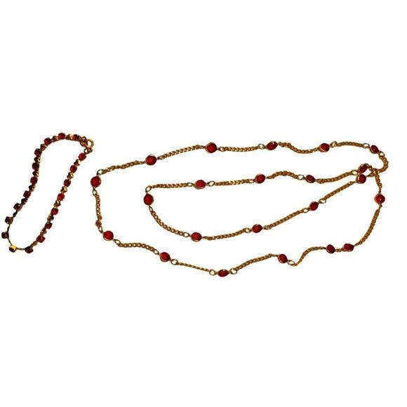 Vintage Necklace & Bracelet Set Gold With Red Stones - Picture 9 of 12